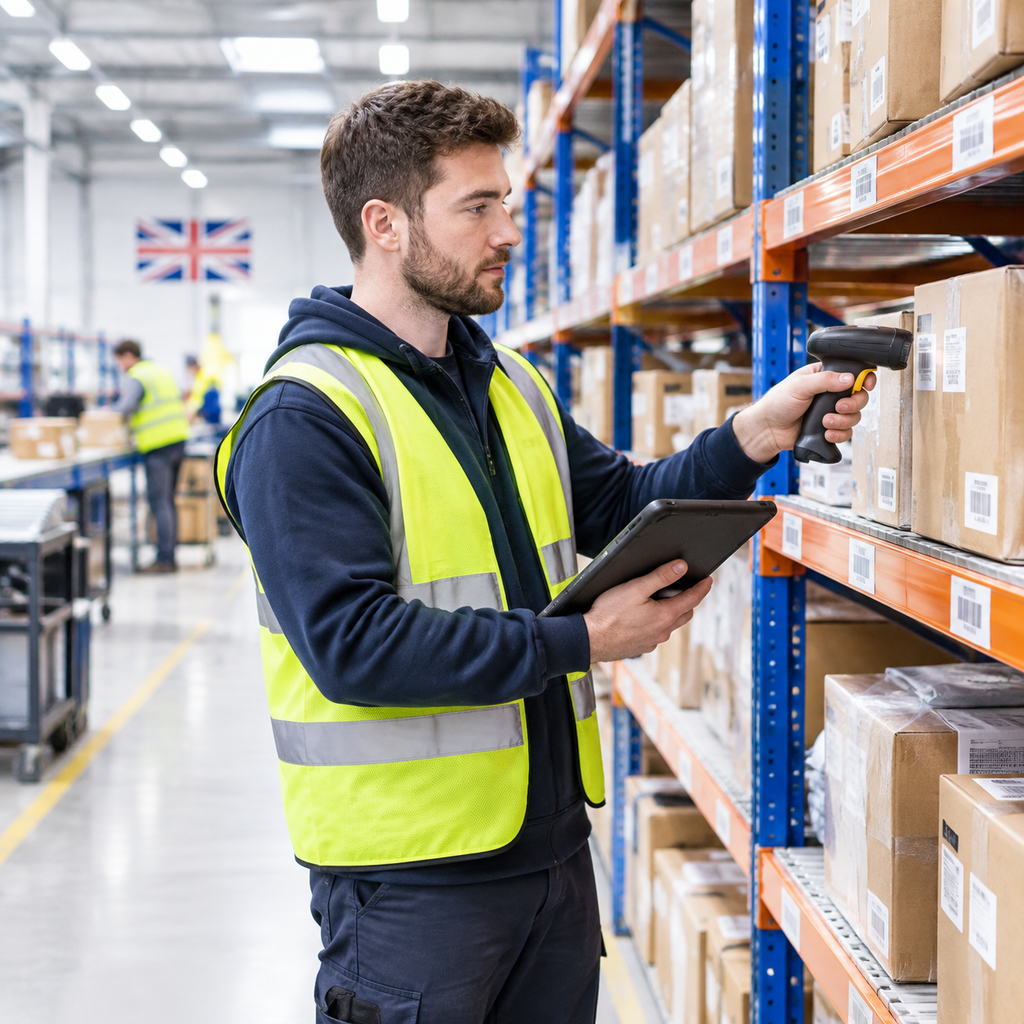Warehouse worker scanning inventory with MZK WMS